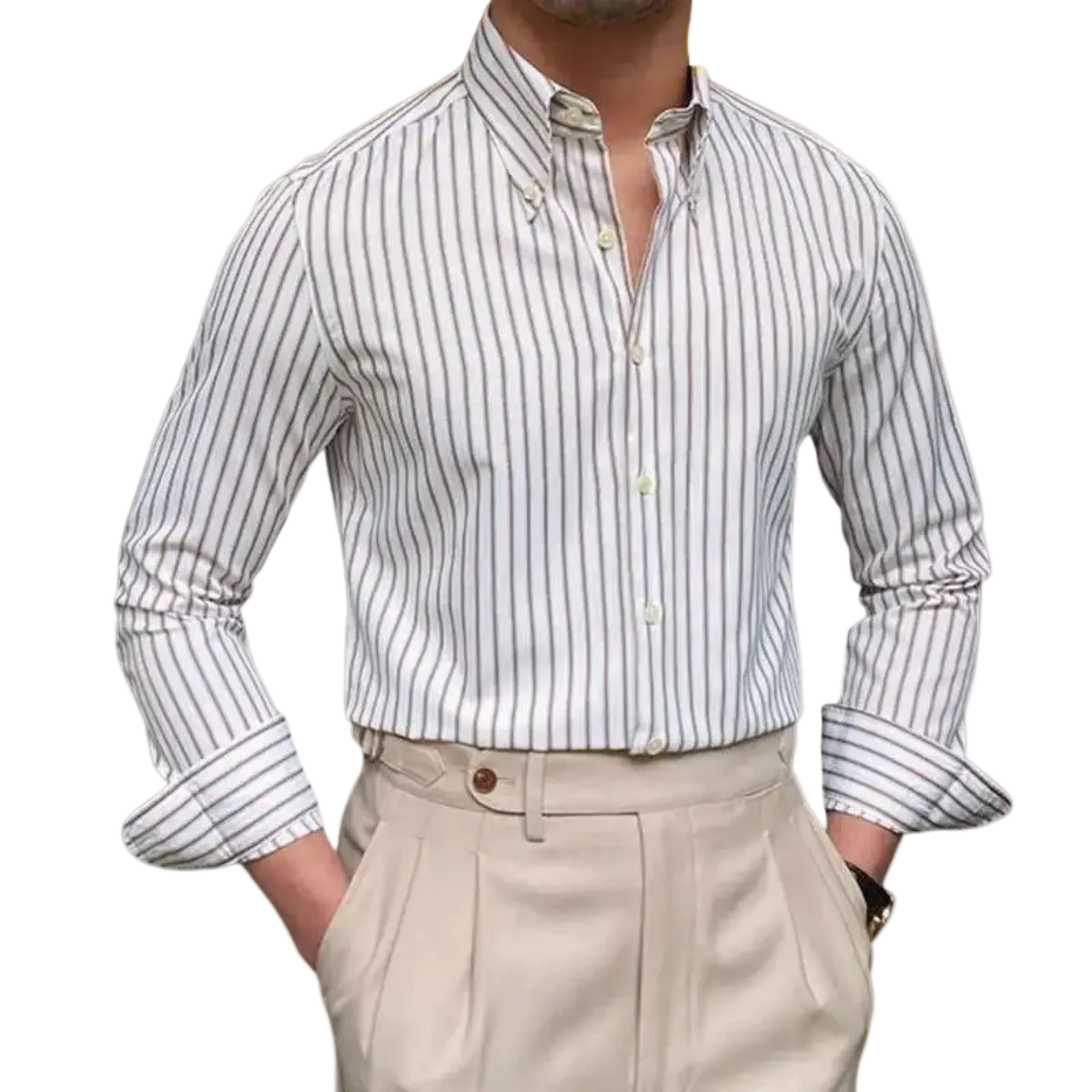 Męska koszula z długim rękawem w paski z kołnierzykiem zapinanym na guziki-Shirts for Men-Olave