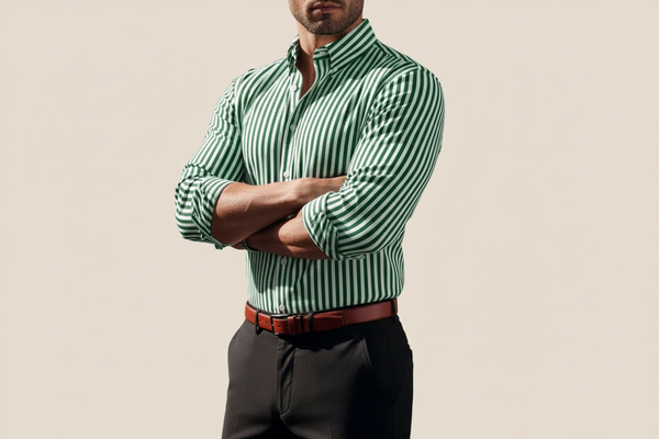 Męska koszula z długim rękawem w paski z zapięciem na guziki-Shirts for men-Olave