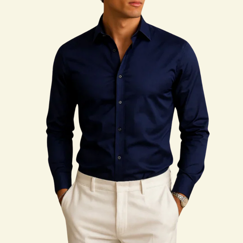 Męska koszula z długim rękawem z kołnierzem i zapięciem na kontrastowe guziki-Shirts for men-Olave
