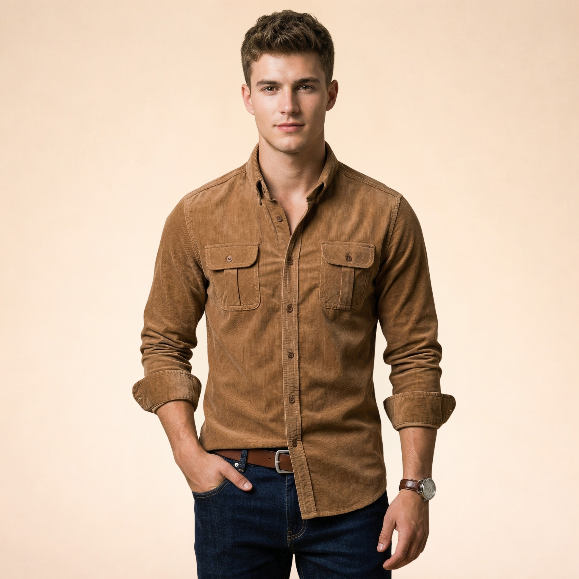 Męska koszula z kieszeniami na piersi i zapięciem na guziki-Shirts for Men-Olave