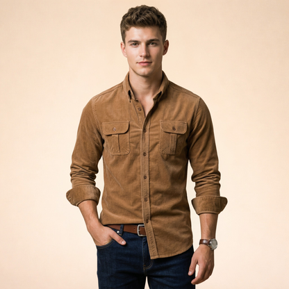 Męska koszula z kieszeniami na piersi i zapięciem na guziki-Shirts for Men-Olave