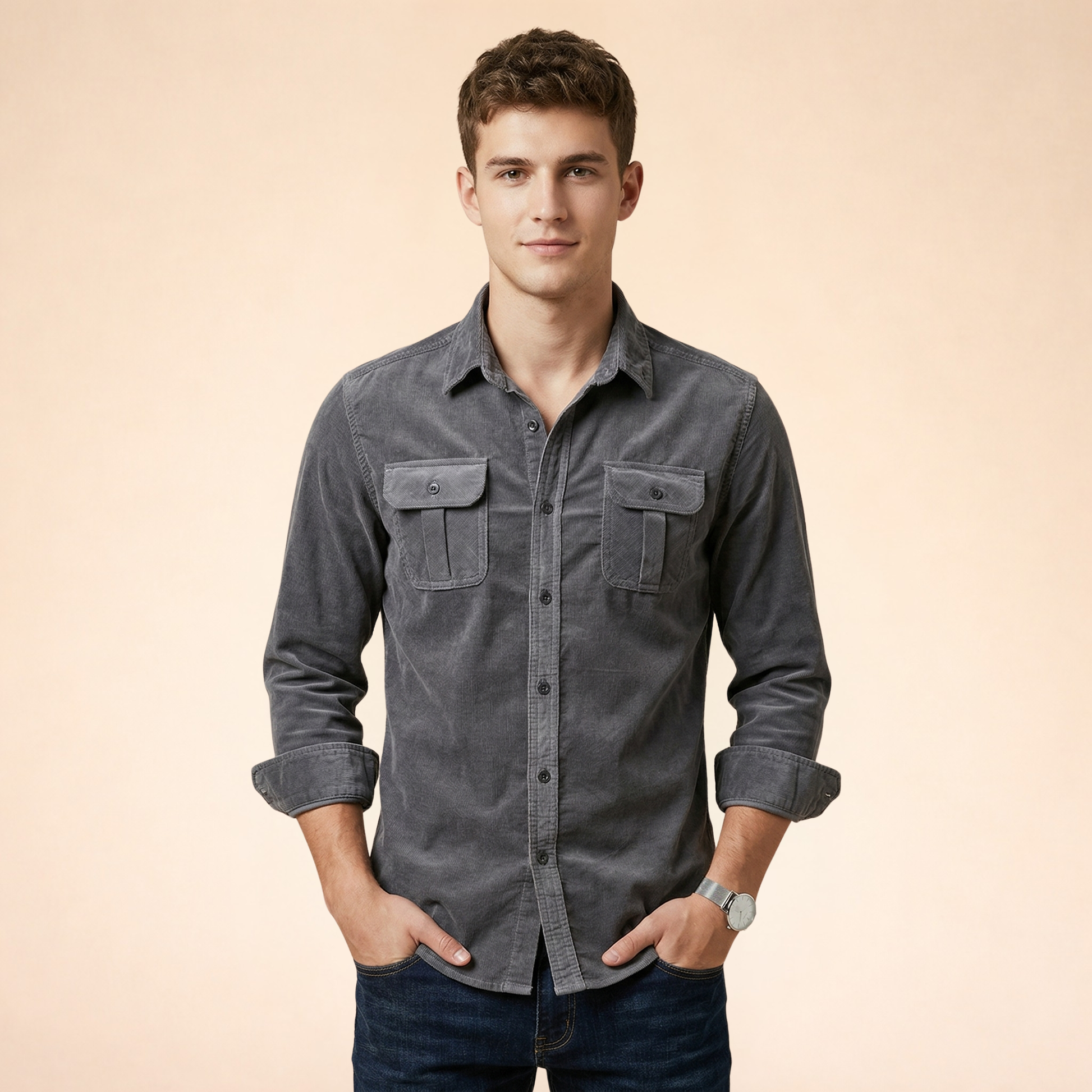 Męska koszula z kieszeniami na piersi i zapięciem na guziki-Shirts for Men-Olave