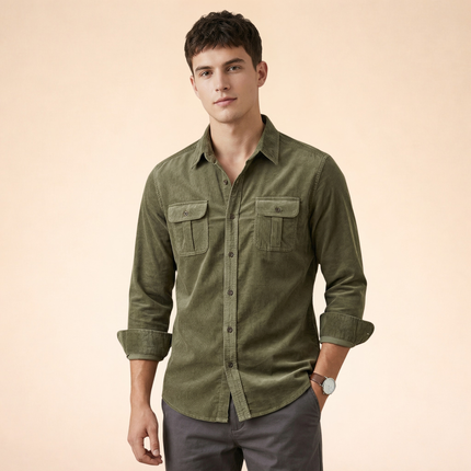 Męska koszula z kieszeniami na piersi i zapięciem na guziki-Shirts for Men-Olave