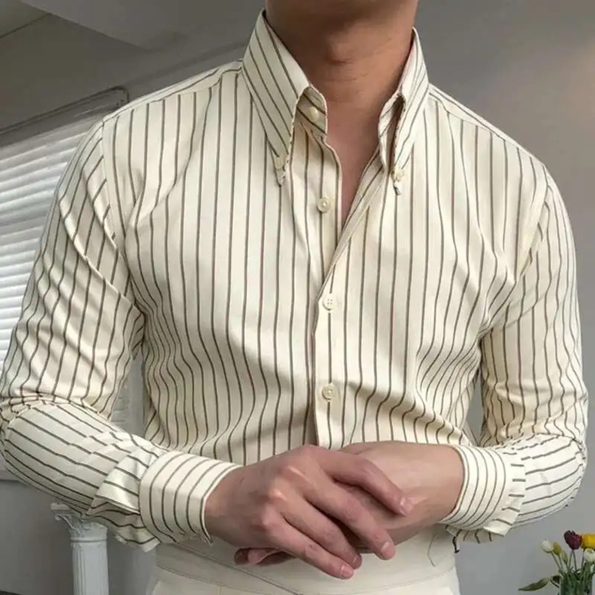 Męska koszula z kołnierzem button-down, długimi rękawami i wzorem w paski-Shirts for Men-Olave