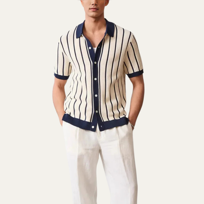 Męska koszula z krótkim rękawem, kołnierzem i pionowym wzorem w paski-Shirts for Men-Olave