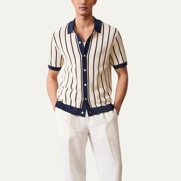 Męska koszula z krótkim rękawem, kołnierzem i pionowym wzorem w paski-Shirts for Men-Olave