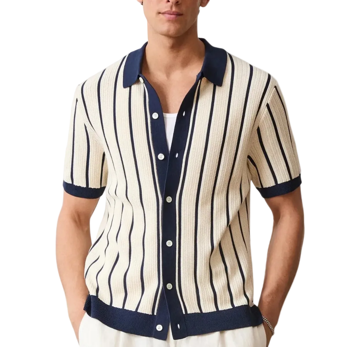 Męska koszula z krótkim rękawem, kołnierzem i pionowym wzorem w paski-Shirts for Men-Olave