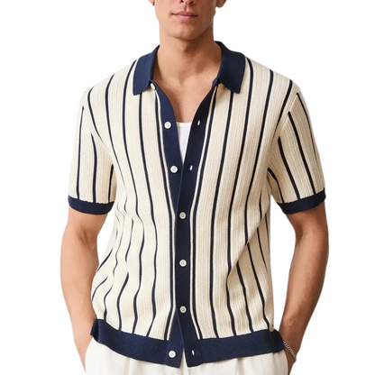 Męska koszula z krótkim rękawem, kołnierzem i pionowym wzorem w paski-Shirts for Men-Olave