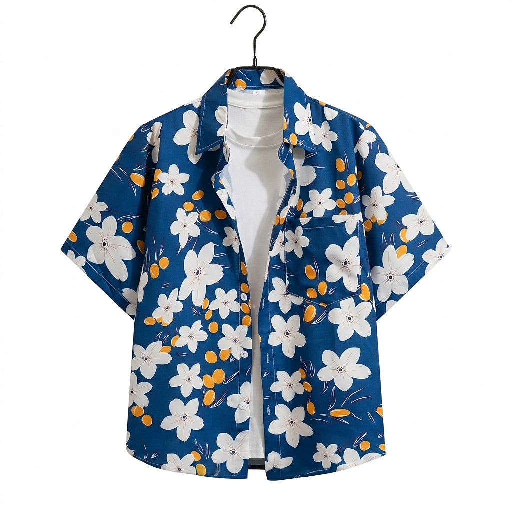 Męska koszula z krótkim rękawem w kwiatowy wzór-Shirts for men-Olave