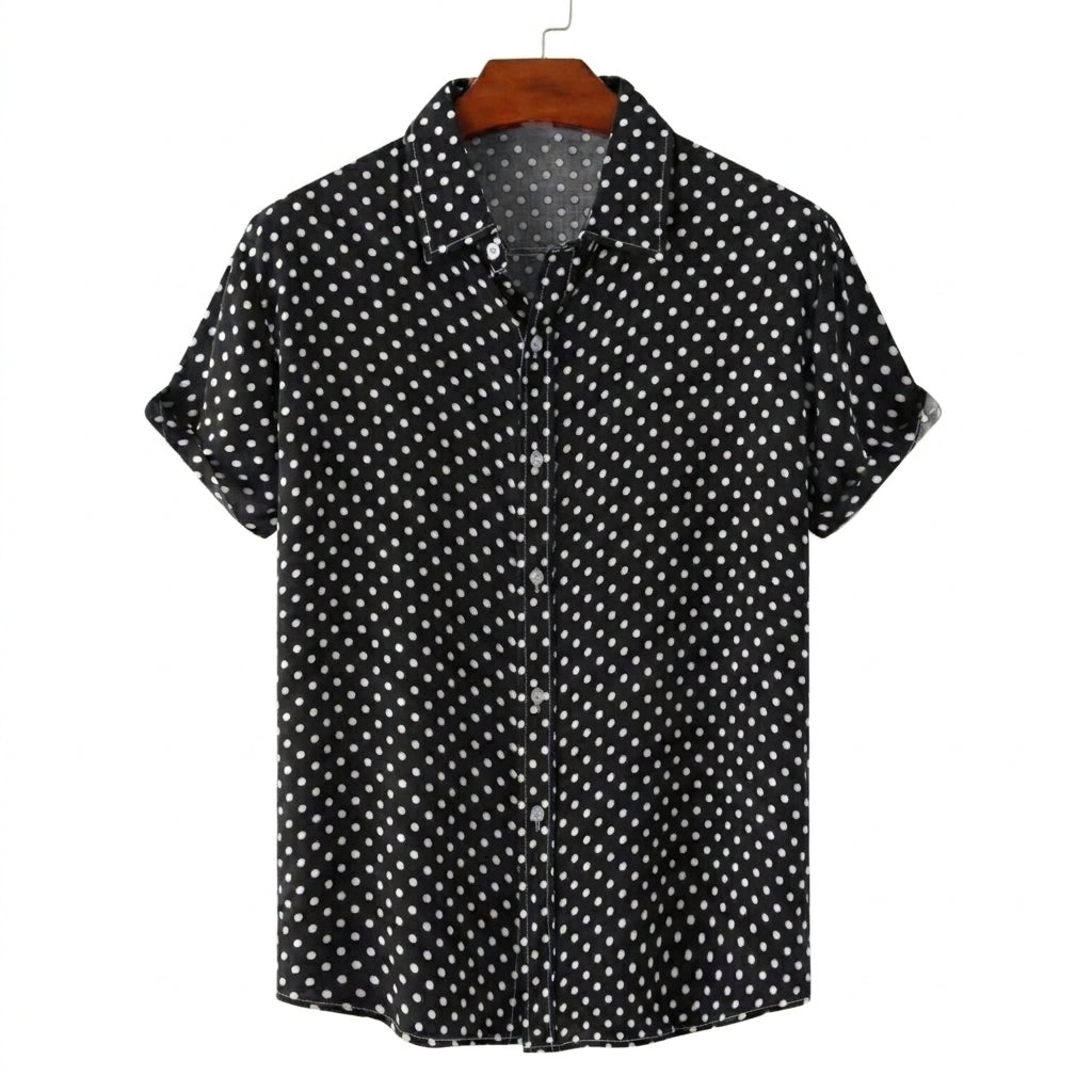 Męska koszula z krótkim rękawem we wzór w kropki i z podwiniętymi mankietami-Shirts for men-Olave