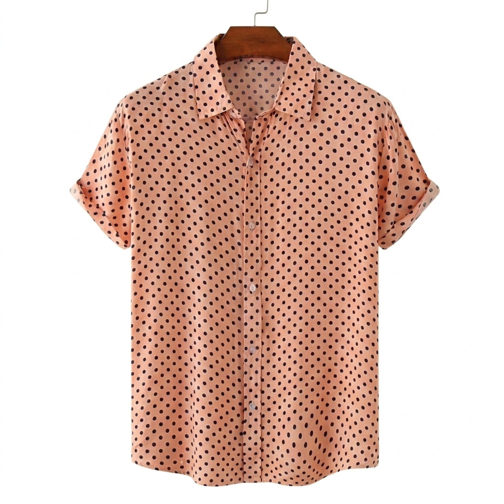 Męska koszula z krótkim rękawem we wzór w kropki i z podwiniętymi mankietami-Shirts for men-Olave