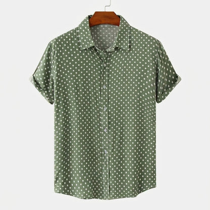 Męska koszula z krótkim rękawem we wzór w kropki i z podwiniętymi mankietami-Shirts for men-Olave