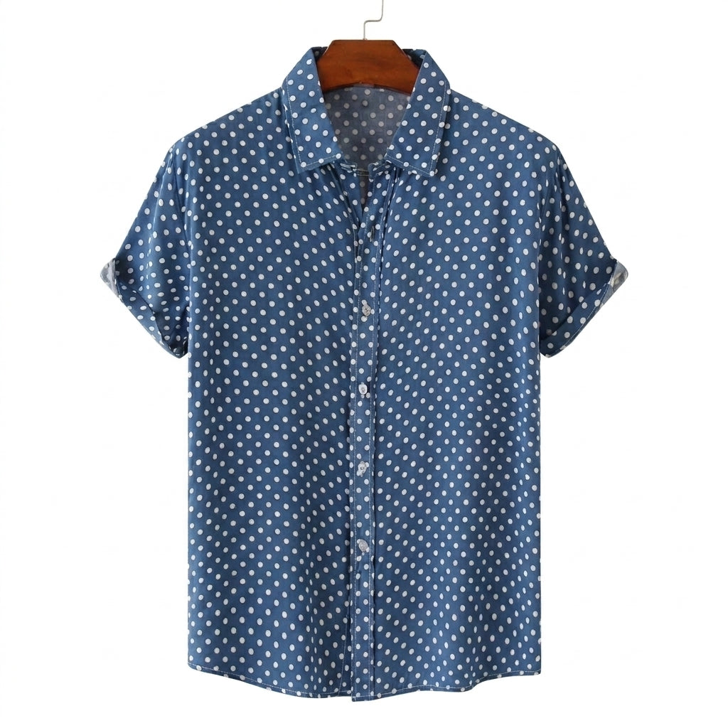 Męska koszula z krótkim rękawem we wzór w kropki i z podwiniętymi mankietami-Shirts for men-Olave