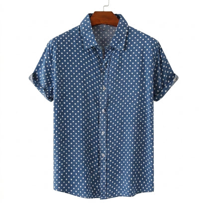 Męska koszula z krótkim rękawem we wzór w kropki i z podwiniętymi mankietami-Shirts for men-Olave
