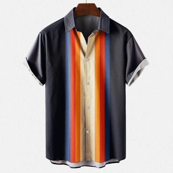 Męska koszula z krótkim rękawem z geometrycznym panelem w paski-Shirts for men-Olave