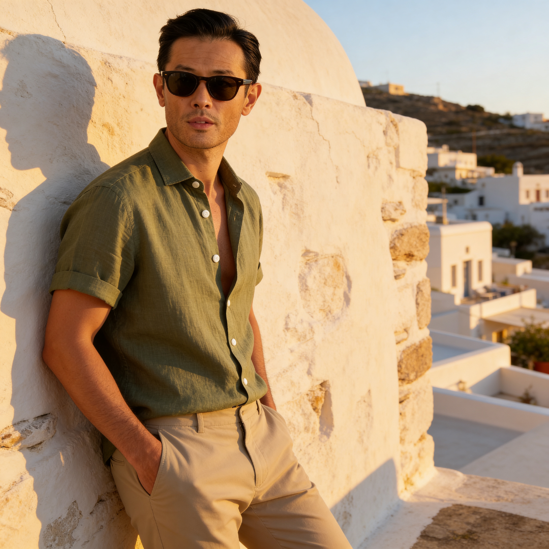 Męska koszula z krótkim rękawem zapinana na guziki-Shirts for men-Olave