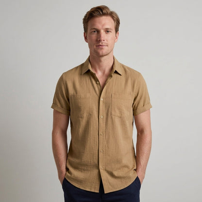 Męska koszula z krótkim rękawem zapinana na guziki-Shirts for men-Olave