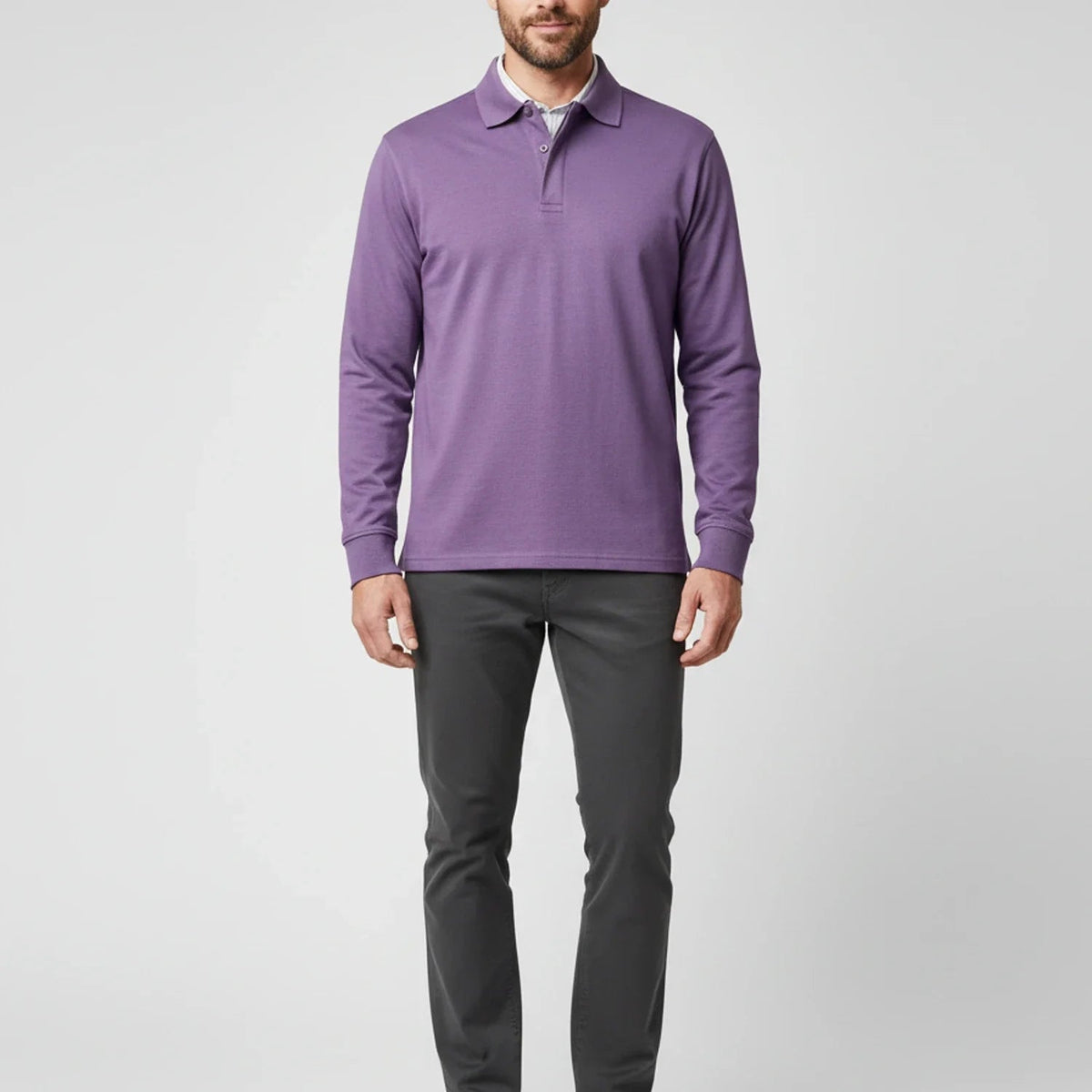 Męska koszulka polo z długim rękawem i zapięciem na guziki-Shirts for men-Olave