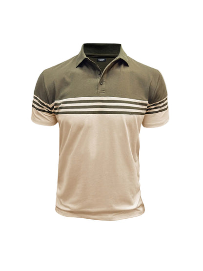 Męska koszulka polo z krótkim rękawem i poziomymi paskami-Shirts for Men-Olave