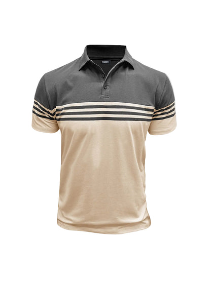 Męska koszulka polo z krótkim rękawem i poziomymi paskami-Shirts for Men-Olave