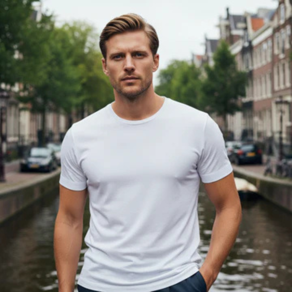 Męska koszulka z krótkim rękawem, okrągłym dekoltem i prostym dołem-T-shirt for men-Olave