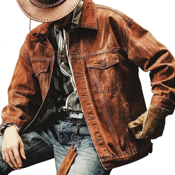 Męska kurtka jeansowa typu trucker z efektem sprania i kieszeniami z klapkami-Jackets for men-Olave