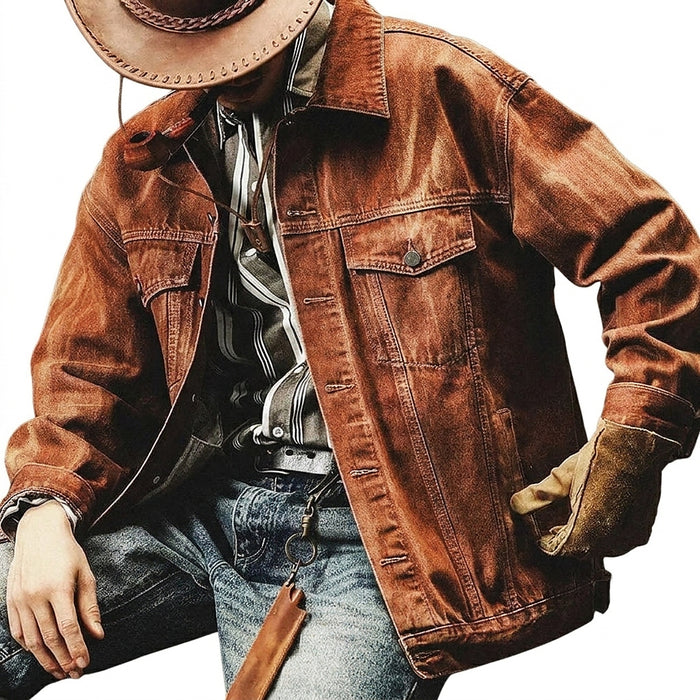Męska kurtka jeansowa typu trucker z efektem sprania i kieszeniami z klapkami-Jackets for men-Olave