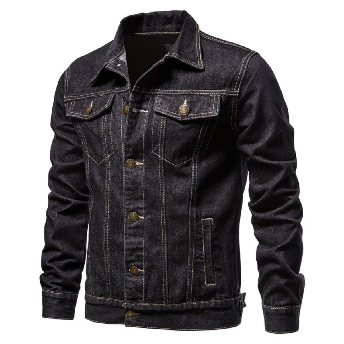 Męska kurtka jeansowa typu trucker z zapięciem na guziki i kieszeniami z klapkami-Jackets for men-Olave