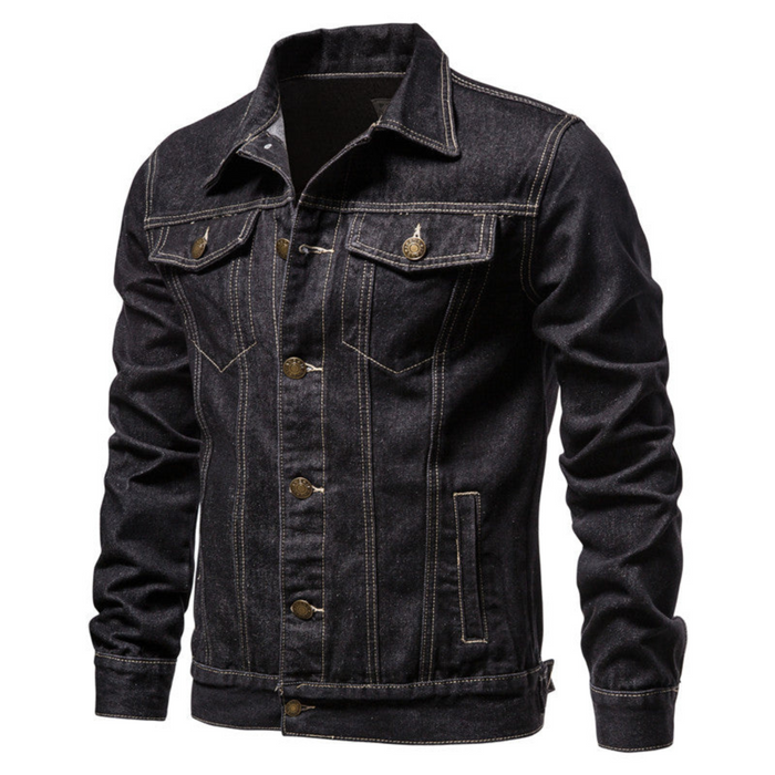 Męska kurtka jeansowa typu trucker z zapięciem na guziki i kieszeniami z klapkami-Jackets for men-Olave