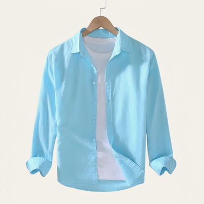 Męska lniana koszula z długim rękawem-Shirts for men-Olave