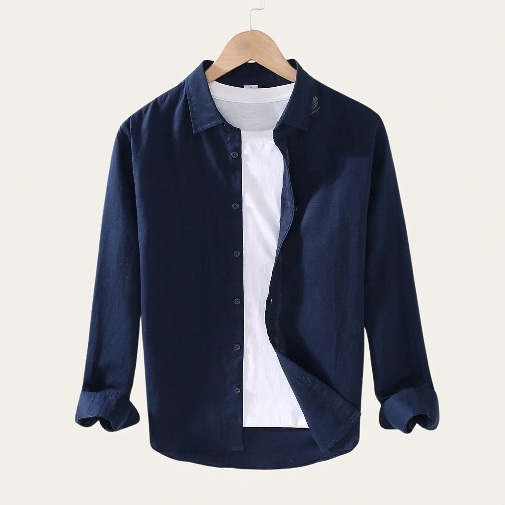 Męska lniana koszula z długim rękawem-Shirts for men-Olave