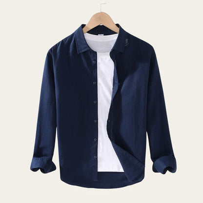 Męska lniana koszula z długim rękawem-Shirts for men-Olave