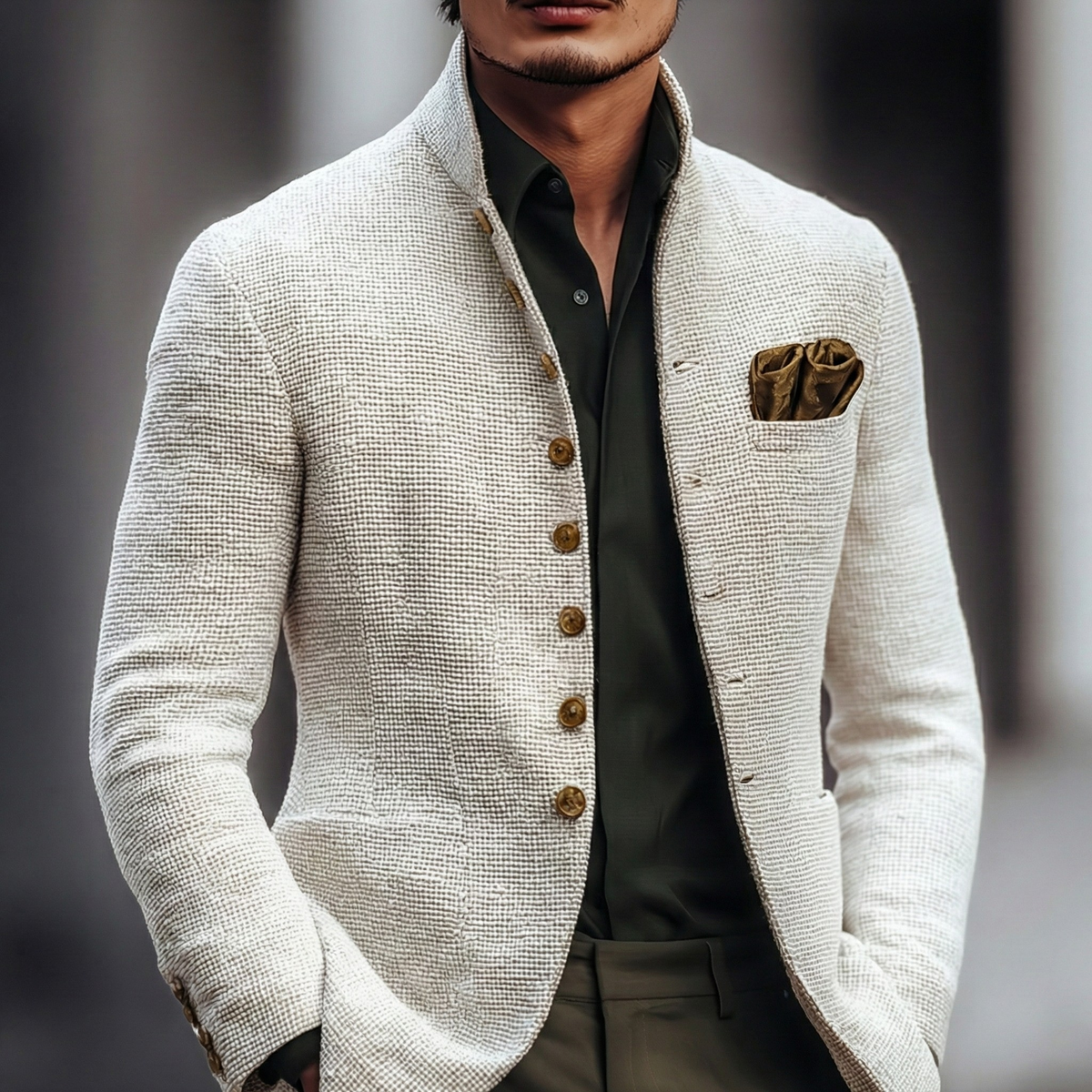 Męska marynarka z kołnierzem typu stójka i fakturą-Cardigan for men-Olave