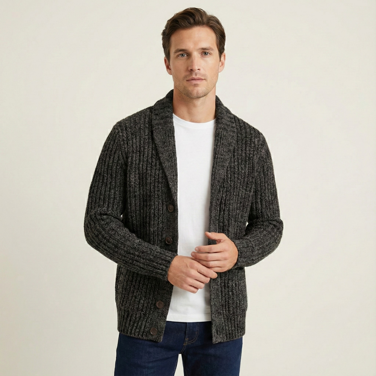 Męski kardigan o grubym splocie z szalowym kołnierzem-Cardigan for men-Olave