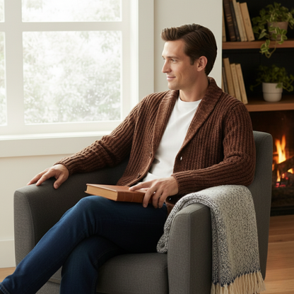 Męski kardigan o grubym splocie z szalowym kołnierzem-Cardigan for men-Olave