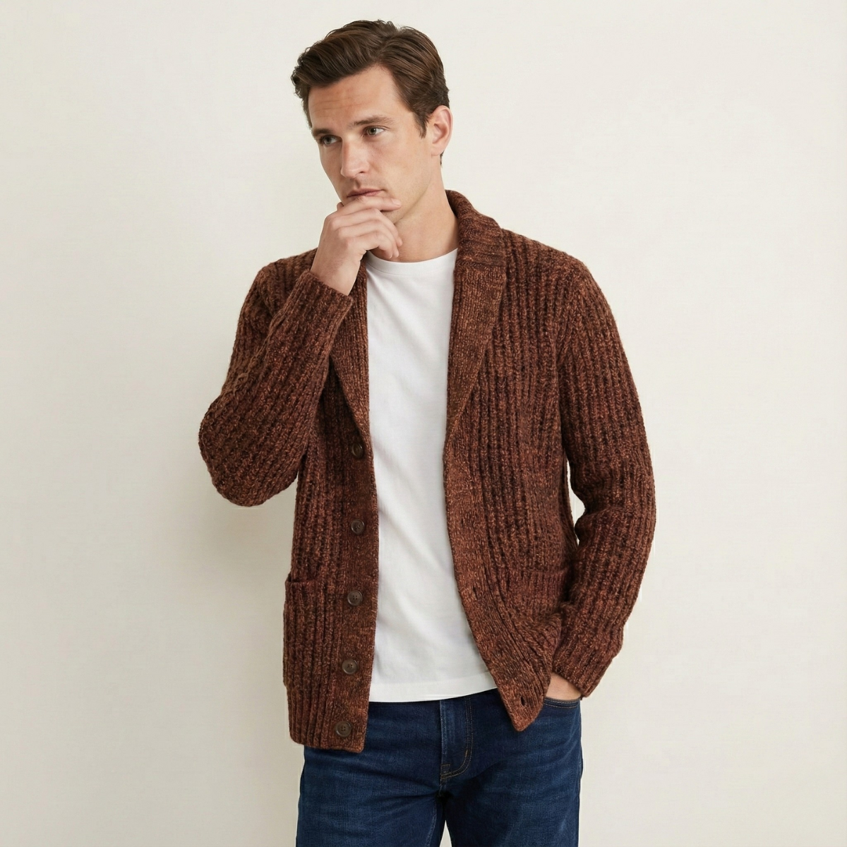 Męski kardigan o grubym splocie z szalowym kołnierzem-Cardigan for men-Olave