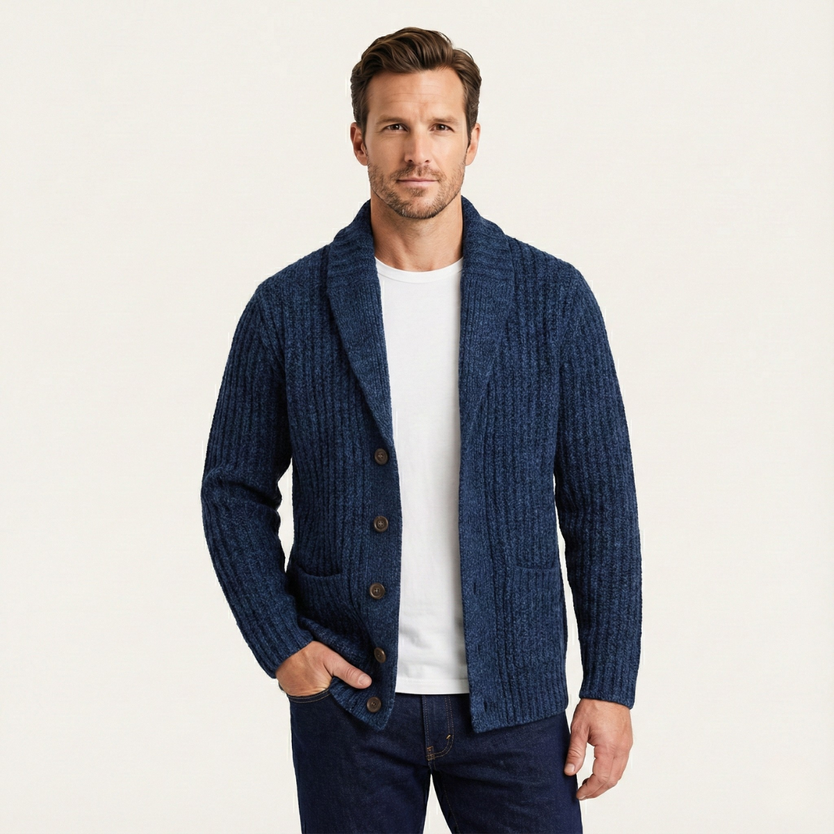 Męski kardigan o grubym splocie z szalowym kołnierzem-Cardigan for men-Olave