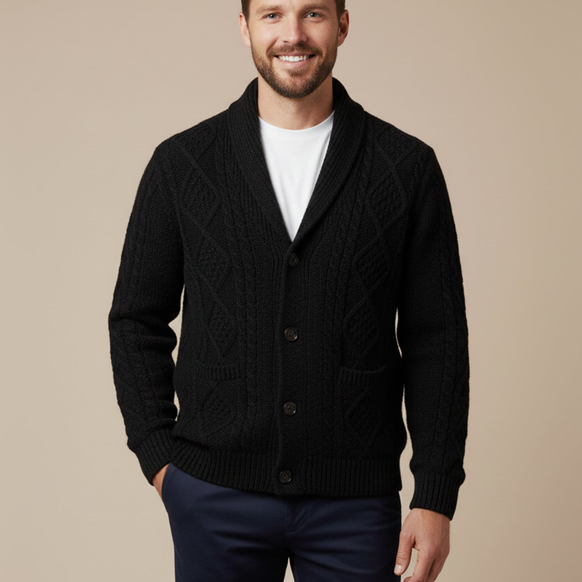 Męski kardigan z szalowym kołnierzem i warkoczowym splotem-Cardigan for men-Olave