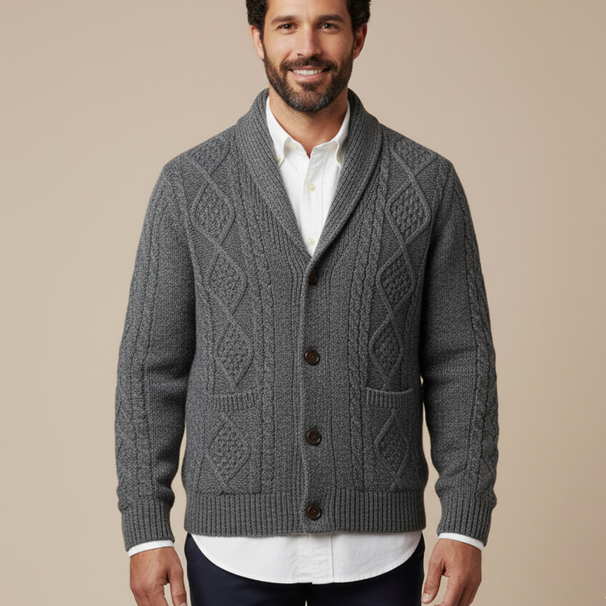 Męski kardigan z szalowym kołnierzem i warkoczowym splotem-Cardigan for men-Olave
