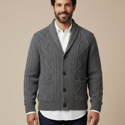 Męski kardigan z szalowym kołnierzem i warkoczowym splotem-Cardigan for men-Olave