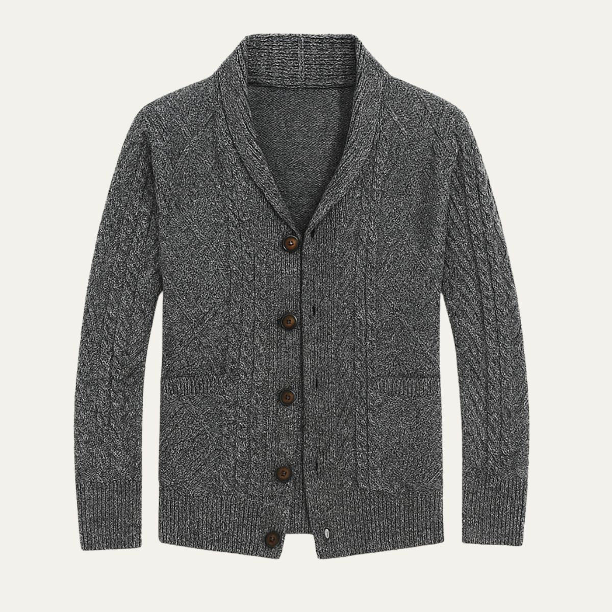 Męski kardigan z szalowym kołnierzem i warkoczowym splotem-Cardigan for men-Olave
