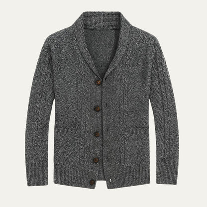 Męski kardigan z szalowym kołnierzem i warkoczowym splotem-Cardigan for men-Olave
