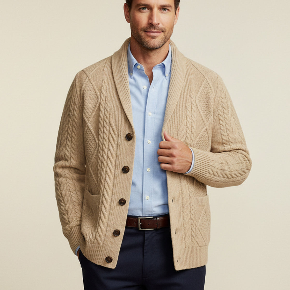 Męski kardigan z szalowym kołnierzem i warkoczowym splotem-Cardigan for men-Olave