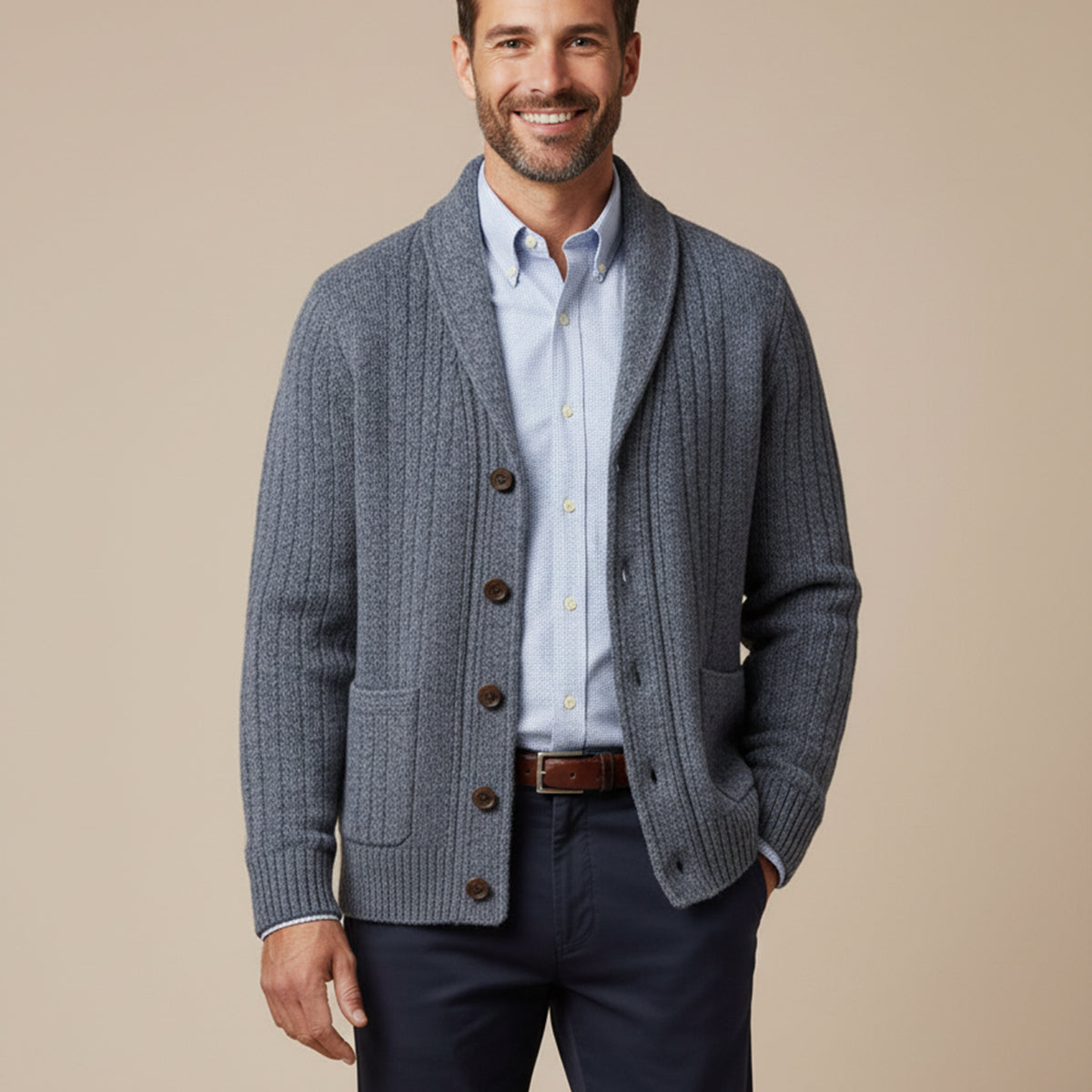 Męski kardigan z szalowym kołnierzem i warkoczowym splotem-Cardigan for men-Olave