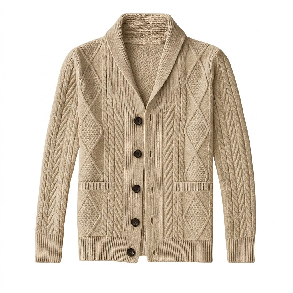 Męski kardigan z szalowym kołnierzem i warkoczowym splotem-Cardigan for men-Olave
