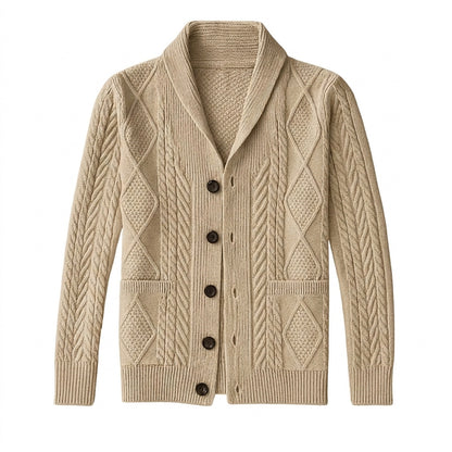 Męski kardigan z szalowym kołnierzem i warkoczowym splotem-Cardigan for men-Olave