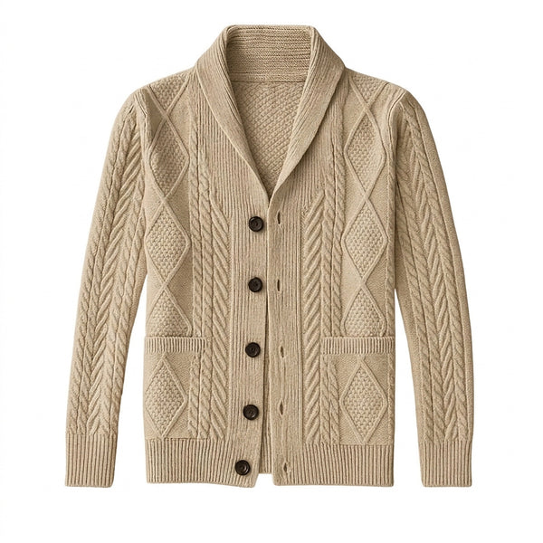 Męski kardigan z szalowym kołnierzem i warkoczowym splotem-Cardigan for men-Olave