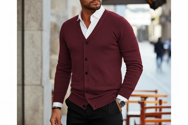 Męski kardigan zapinany na guziki z dekoltem w serek i ściągaczami-Cardigans for Men-Olave