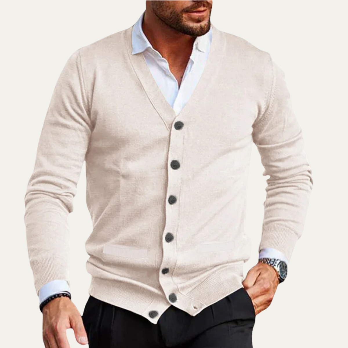 Męski kardigan zapinany na guziki z dekoltem w serek i ściągaczami-Cardigans for Men-Olave