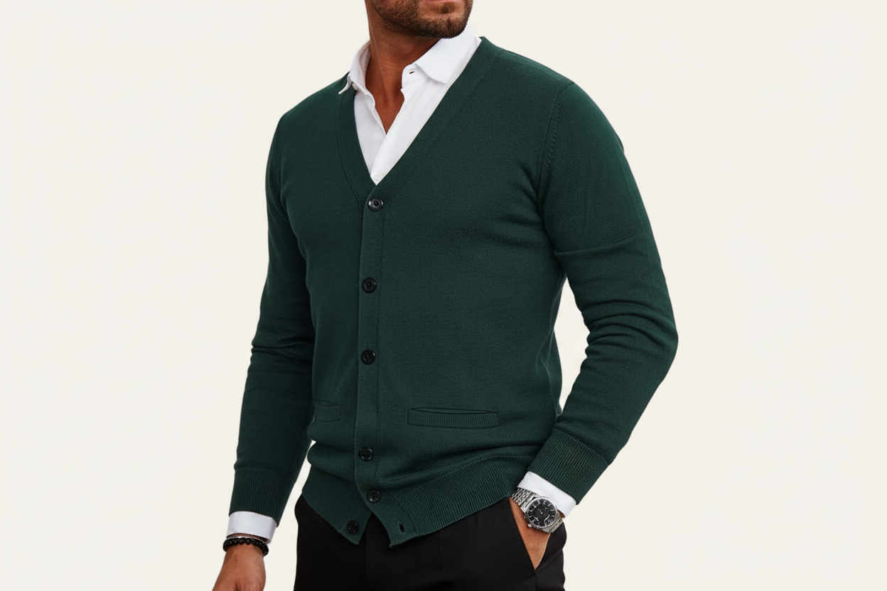 Męski kardigan zapinany na guziki z dekoltem w serek i ściągaczami-Cardigans for Men-Olave